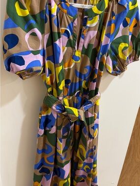DVF Lindy Cotton Midi Dress Puff Sleeve Belted Print Size 8